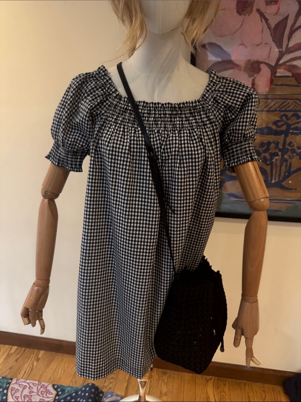 Olivaceous Black & White Gingham Off-Shoulder Top
